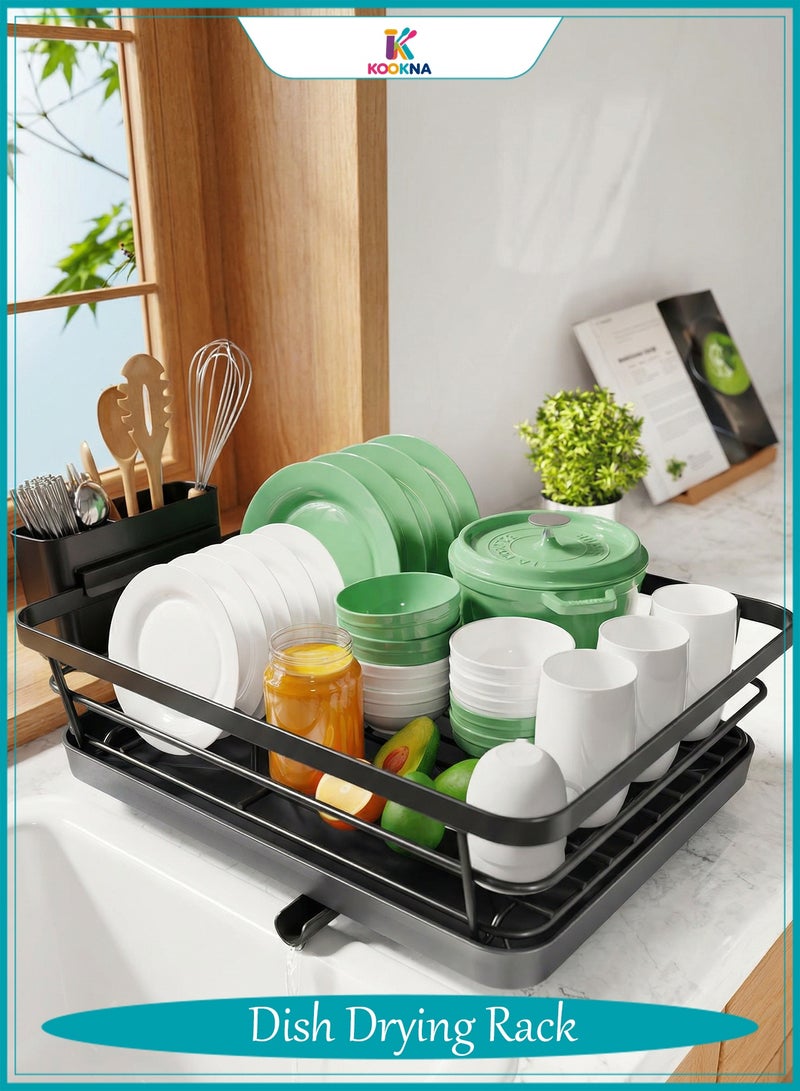KOOKNA Dish Drying Rack, Dish Drainer, Kitchen Sink Organizer, Rustproof Stainless Steel Dish Rack with Drainboard, Space Saving Kitchen Storage for Home, Apartments, and Offices, Black - Image 1